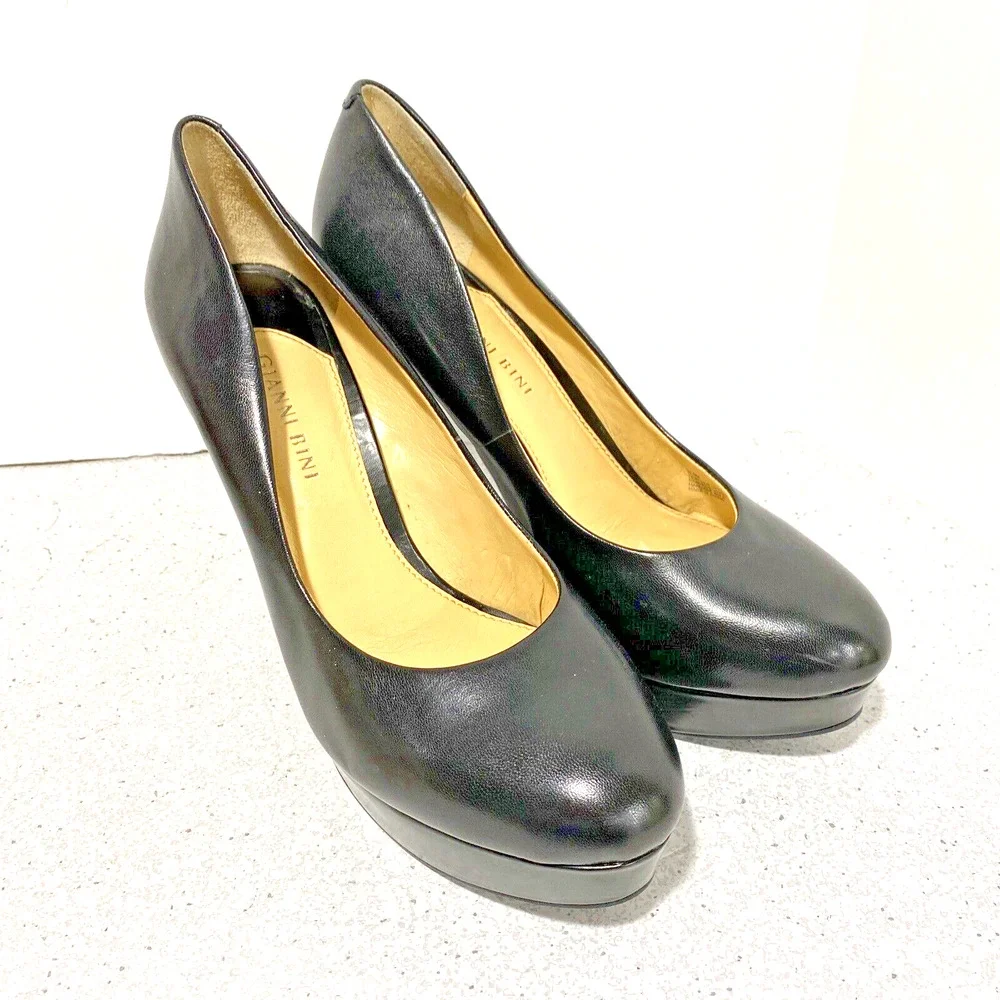 Gianni Bini Black Leather Platform High Heels Pumps Classic Stiletto Shoes 9.5M